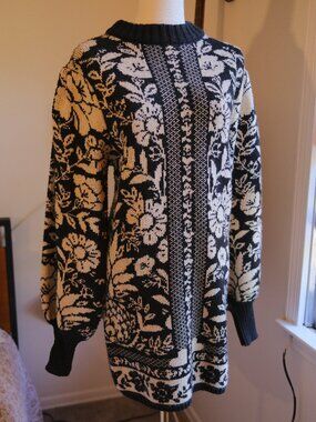 Farm Rio Black & White Floral Knit Sweater Dress Wool Blend Size XS